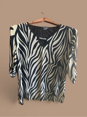 Black and Cream Zebra-Stripe V-Neck Blouse Chic 3/4 Sleeve Animal Print Shirt